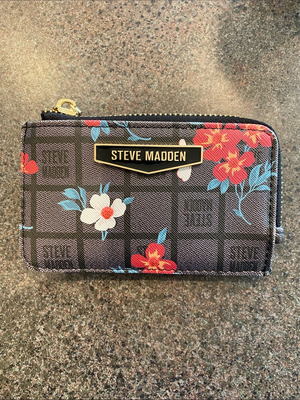 Steve Madden Black Floral Zip Card Holder with Red & Blue Accents